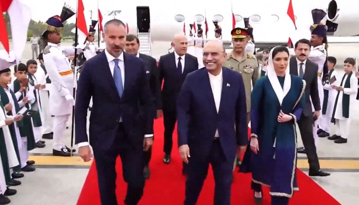 President Asif Zardari (right) receives Prince Rahim Aga Khan V at Nur Khan Airbase on May 20, 2026. — Screengrab via Geo News