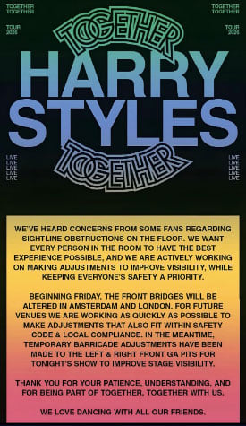 Harry Styles issues official statement after complaints about ongoing tour