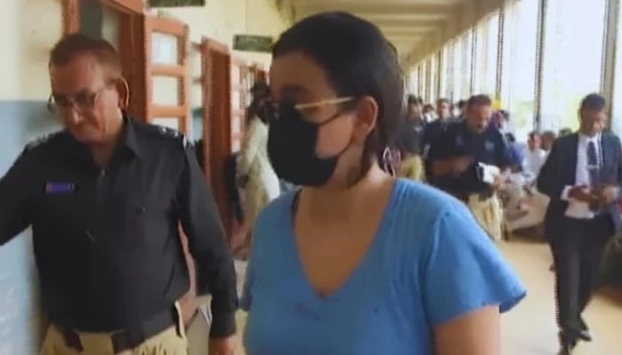 Police produce alleged drug peddler Anmol alias Pinky before a local court in Karachi on May 12, 2026. — Screengrab via YouTube/Geo News