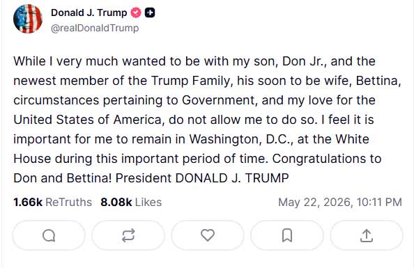 Trump says he will not attend son Donald Trump Jrs wedding