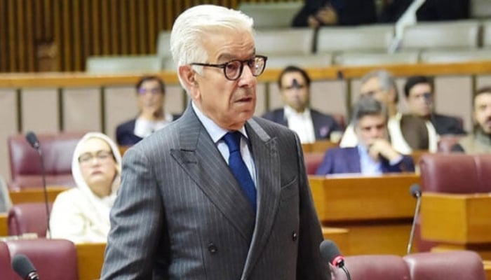 Defence Minister Khawaja Asif speaks in National Assembly in this undated photo. — APP/File