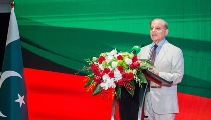 Prime Minister Shehbaz Sharif addressing an event in Hangzhou, China, on May 24, 2026. — APP