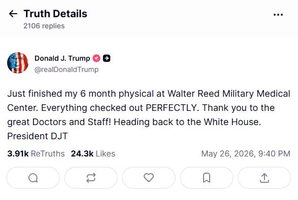 Trump declares himself in perfect health after physical exam