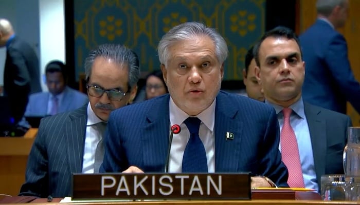 Deputy Prime Minister and Foreign Minister Ishaq Dar addresses a UNSC meeting in New York, US, May 26, 2026. — X/@PakistanUN_NY