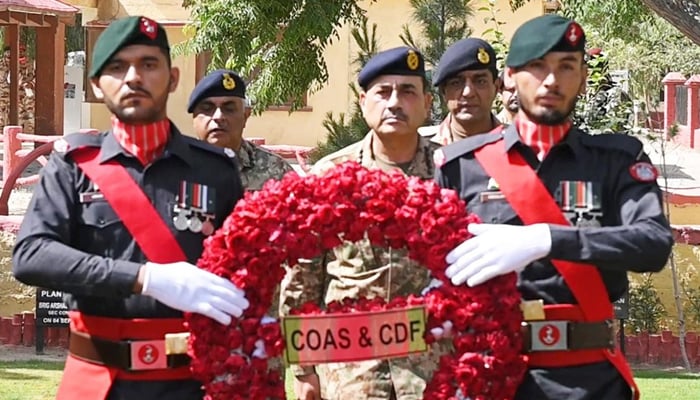 Field Marshal Asim Munir lays floral wreath during his visit to Zhob District, Balochistan, on May 27, 2026. — ISPR