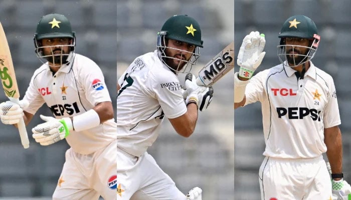 The collage of photos features Pakistan batters Babar Azam (left), Salman Ali Agha (centre) and captain Shan Masood. - AFP