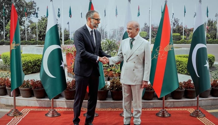 Prince Rahim Aga Khan shakes hands with Prime Minister Shehbaz Sharif during his visit to Pakistan. — AKDN