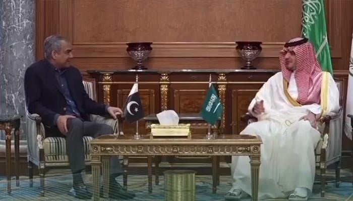 Interior Minister Mohsin Naqvi meets his Saudi counterpart Abdulaziz bin Saud Al Saud in Mina, Saudi Arabia on May 28, 2026. — Screengrab via X/@MOIofficialGoP