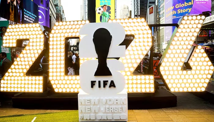 The New York/New Jerseys Fifa World Cup 2026 logo is revealed during the kickoff event in Times Square in New York City, US, May 18, 2023. — Reuters