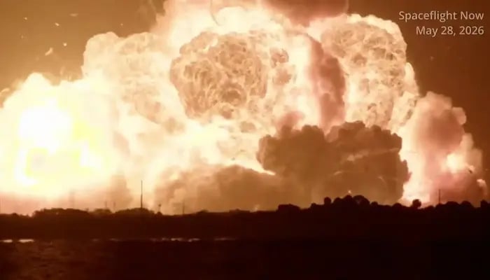 NASASpaceflight, a YouTube channel that livestreams launches, shows the New Glenn igniting on the pad on May 29, 2026. — NASASpaceflight