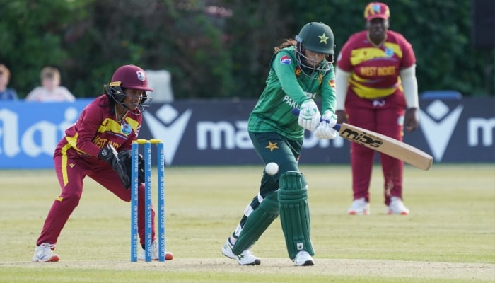 Pakistans Rameen Shamim plays a shot during their T20I tri-series against West Indies at Castle Avenue in Ireland, May 29, 2026. — X/@TheRealPCB