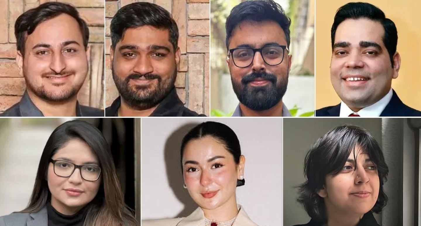 (Clockwise from top left) This collage shows Pakistani entrepreneurs Muhammad Furqan Karim Kidwai and Sarfraz Shahid Hussain, Syed Ismail, Fahad Shahbaz, Saman Kamraan, Hania Aamir and Maheera Ghani. — Forbes/Instagram/@samankamraan/@Haniaheheofficial