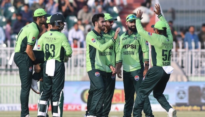 Pakistan players celebrate a wicket during their first ODI against Australia at the Rawalpindi Cricket Stadium in Rawalpindi on May 30, 2026. — PCB