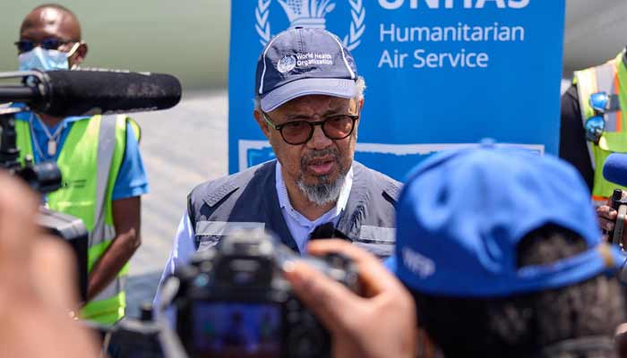 The World Health Organisation (WHO) Director-General, Tedros Adhanom Ghebreyesus, speaks to journalists upon his arrival in Bunia, in Ituri province, on May 30, 2026. — X/ @OMSRDCONGO