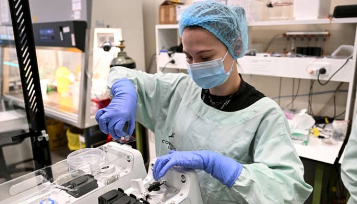 In this photo taken on May 5, 2026, research scientist Daria Kornienko places cortical and hippocampal cells on a cell culture plate into a CL1 unit before being placed in server racks and available to study via the internet, at Cortical Labs Physical Containment Level 2 (PC2) laboratory in Melbourne. — AFP