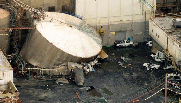 A drone view of a chemical tank after its rupture at the Nippon Dynawave Packaging pulp and paper mill in Longview, Washington, US, May 26, 2026. — Reuters