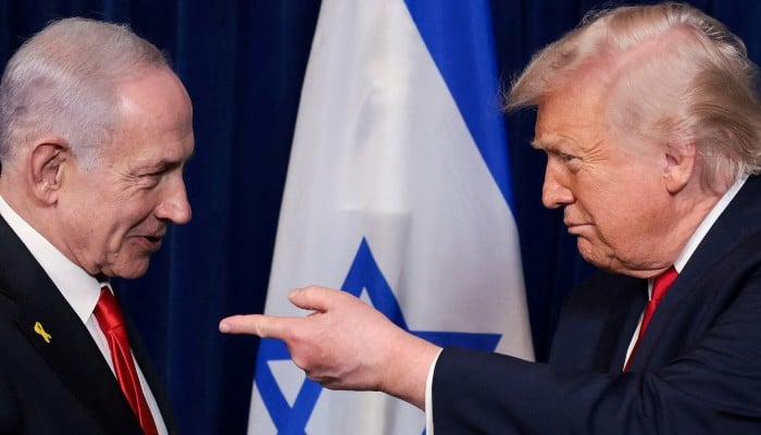 US President Donald Trump points his finger towards Israeli Prime Minister Benjamin Netanyahu during a press conference after meeting at Trump’s Mar-a-Lago club in Palm Beach, Florida, US, December 29, 2025. — Reuters