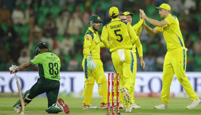 Australia players celebrate the dismissal of Pakistans wicketkeeper batter Ghazi Ghori during the second ODI at Gaddafi Stadium, Lahore, on June 2, 2026. — PCB