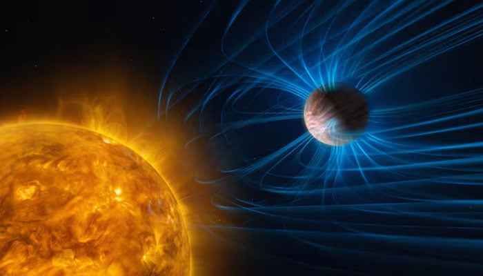This illustration shows magnetic activity in an exoplanet that is a gas giant like Jupiter but orbits very close to its host star and is tidally locked.— Reuters