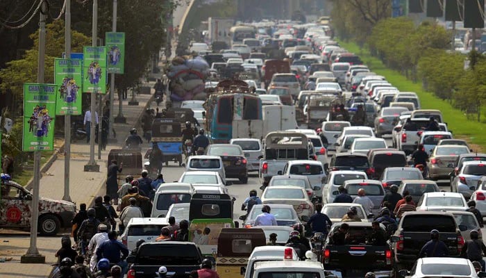 A large numbers of vehicles stuck in traffic jam at Sharea Faisal in Karachi on February 17, 2025. — PPI