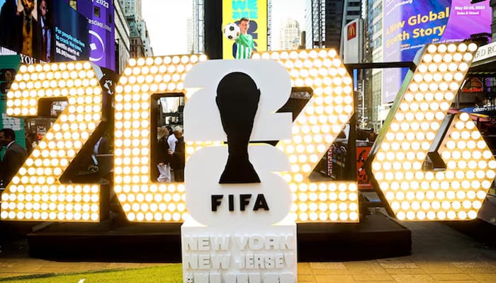 The New York/New Jerseys FIFA World Cup 2026 logo is revealed during the kickoff event in Times Square in New York City, US, May 18, 2023. — Reuters