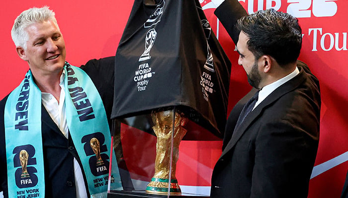 New York City Mayor Zohran Mamdani and former German soccer player Bastian Schweinsteiger unveil the Fifa World Cup trophy during the FIFA World Cup Trophy Tour stop at the American Museum of Natural History in New York City, US, June 2, 2026. — Reuters