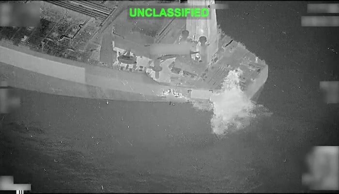 This screen grab made on June 3, 2026, from a handout video released by US Central Command on June 2, 2026, shows what the US military says is a missile strike by US forces on the Botswana-flagged M/T Lexie, an unladen oil tanker attempting to sail to an Iranian port in violation of an American blockade, disabling the vessel. — AFP