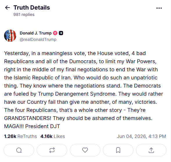 Trump slams unpatriotic US House vote to end Iran war
