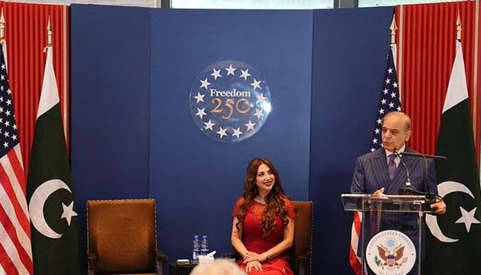 PM Shehbaz Sharif (right) and US Chargé d’Affaires Natalie A Baker addressing a reception marking 250 years of independence of the United States of America at the US Embassy Islamabad on June 4, 2026. — X/@PTVNewsOfficial