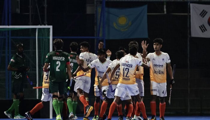 Pakistani and Indian players in action during the second semifinal of the U18 Hockey Asia Cup 2026 at the Kawasaki Heavy Industries Hockey Stadium in Kakamigahara, Japan, on June 5, 2026. — Instagram/@Asianhockey