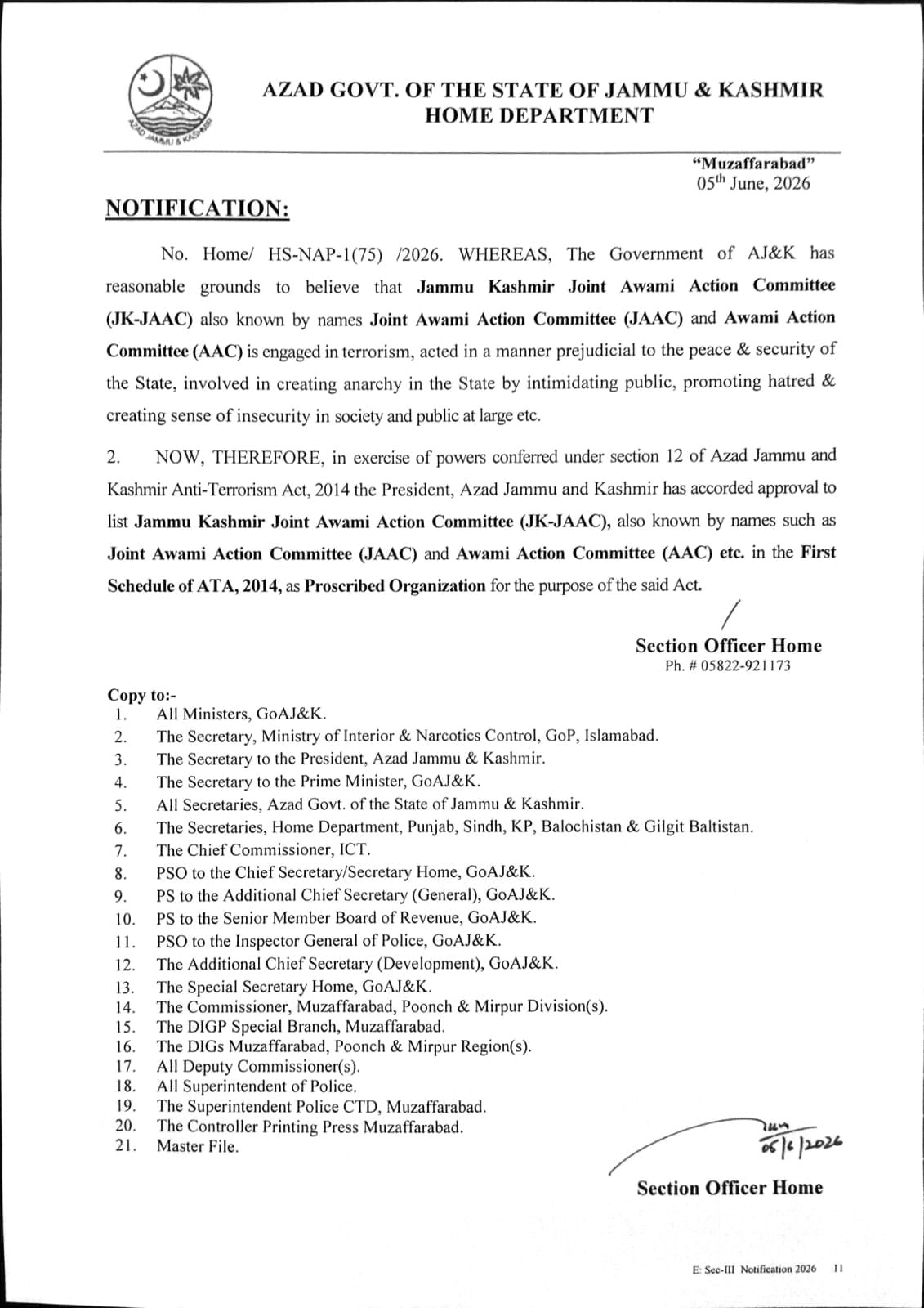 AJK govt declares JAAC banned outfit under anti-terrorism law