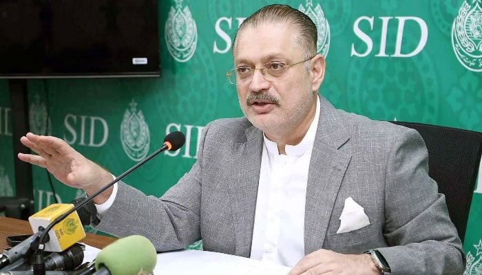 Senior Provincial Minister Sindh Sharjeel Inam Memon addresses to media persons during press conference, in Karachi on Thursday, July 3, 2025. — PPI