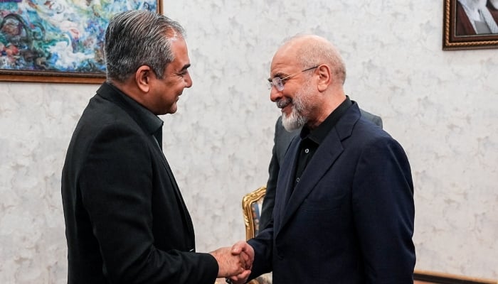 Interior Minister Mohsin Naqvi (left) meets Iranian Parliament Speaker Mohammad Bagher Ghalibaf in Tehran, Iran, May 17, 2026. — Reuters