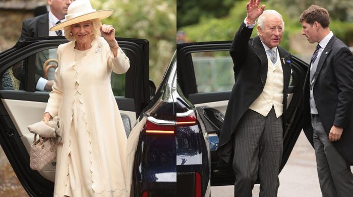 King Charles and Queen arrive in matching yellow after missing Trooping duties