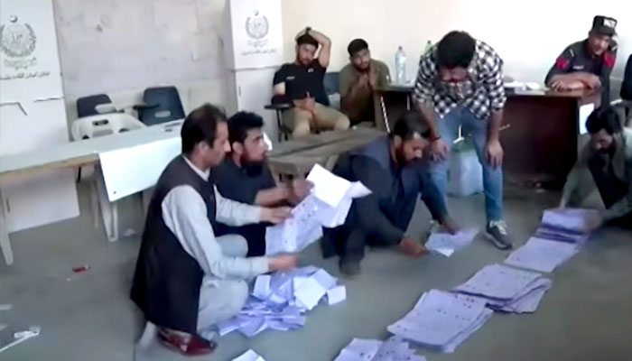 Polling staff are busy counting votes during the Gilgit-Baltistan general elections on June 7, 2026. — Screengrab via Geo News