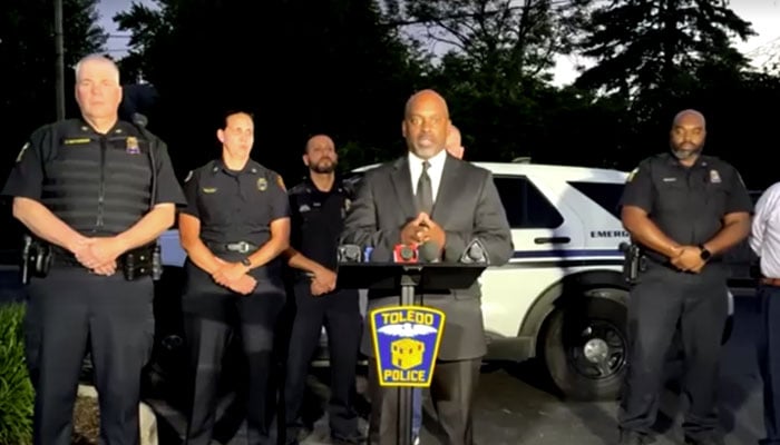 Toledo police officials and investigators address a news conference after a gunfire incident during a community festival, Toledo, Ohio, United States, June 6, 2026. — Reuters