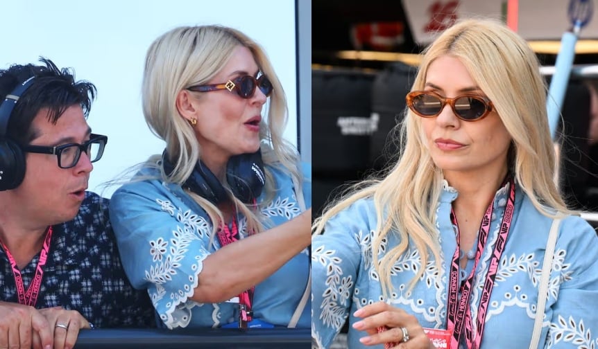 The TV star exuded confidence in a light blue playsuit featuring broderie anglaise detailing.