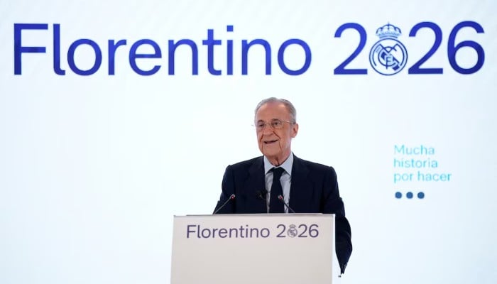 Florentino Perez gives a speech after he is re-elected as Real Madrid president, Eurobuilding Hotel, Madrid, Spain, June 8, 2026. — Reuters