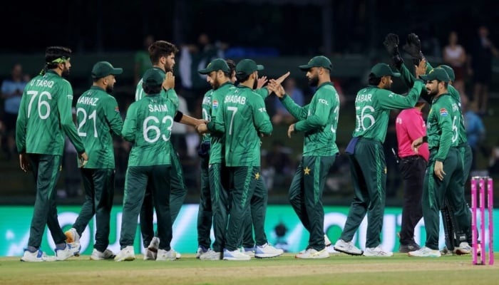 Pakistans Shaheen Shah Afridi celebrates with teammates after dismissing England captain Jos Buttler during the ICC Mens T20 World Cup 2026 Super 8 match at Pallekele International Cricket Stadium in Kandy, Sri Lanka, on February 24, 2026. — Reuters