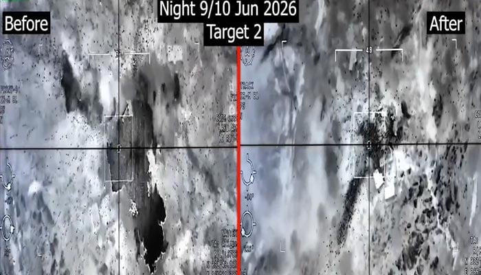 The illustration shows before-and-after images of a terrorist facility after Pakistani strikes on the Pak-Afghan border on the night of June 9/10, 2026. — Screengrab via X/@TararAttaullah