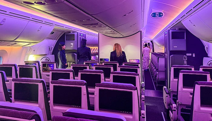 Saudi-backed Riyadh Air lands maiden flight as Iran conflict rages 11 Hostesses stand inside a Boeing 787-9 Dreamliner aircraft of Saudi airline Riyadh Air at King Khalid International Airport in Riyadh on June 7, 2026. — AFP