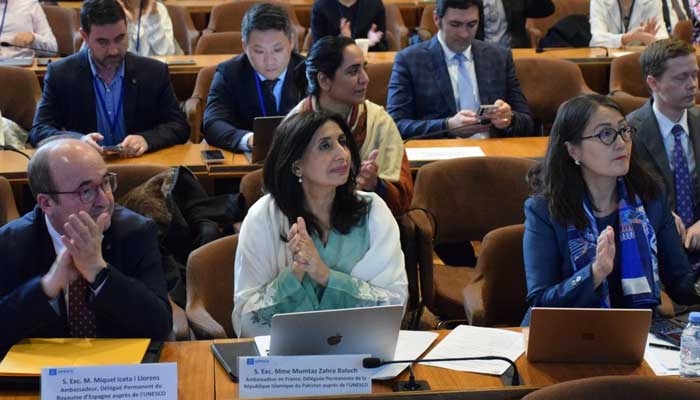 Pakistan’s Permanent Delegate to Unesco, Ambassador Mumtaz Zahra Baloch is addressing the event at Unesco headquarters on June 10, 2026. — X/PakinFrance