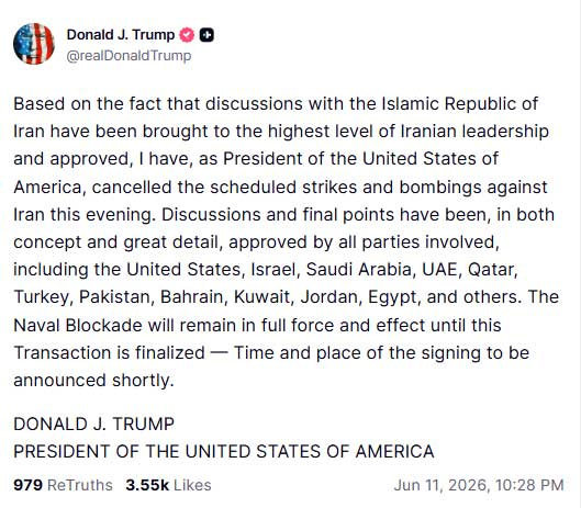 Trump cancels strikes against Iran, signals imminent peace deal signing