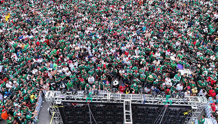 A drone view shows fans watching the match between Mexico and South Africa during the 2026 FIFA World Cup at a public screening in Plaza Garibaldi in Mexico City, Mexico, June 11, 2026. — Reuters
