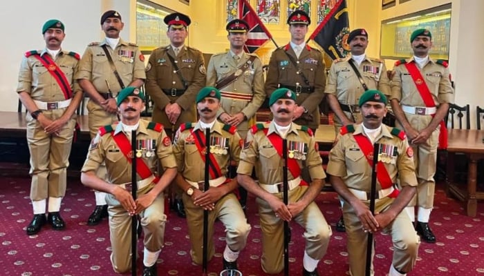 Pakistan Military Academy team poses at the International Pace Sticking Competition 2026 held in Sandhurst, United Kingdom in an image shared on June 12, 2026. — ISPR