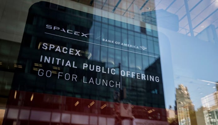 SpaceX initial public offering signage is displayed at the Bank of America building in New York, US, June 4, 2026. — Reuters