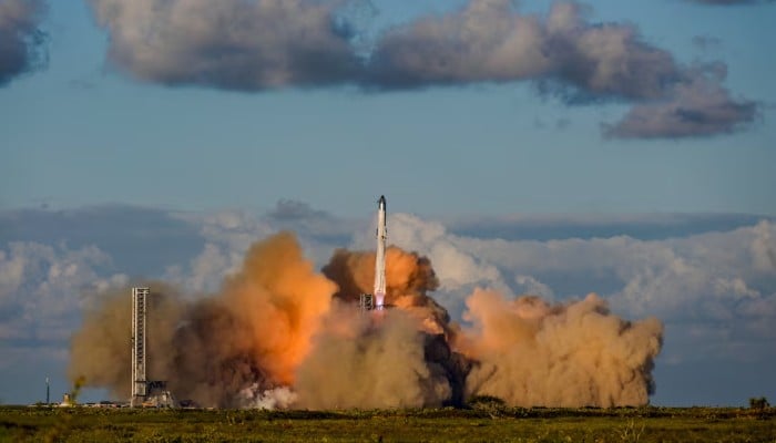 A SpaceX Super Heavy booster carrying the Starship spacecraft lifts off on its 11th test flight at the companys launch pad in Starbase, Texas, US, October 13, 2025. — Reuters