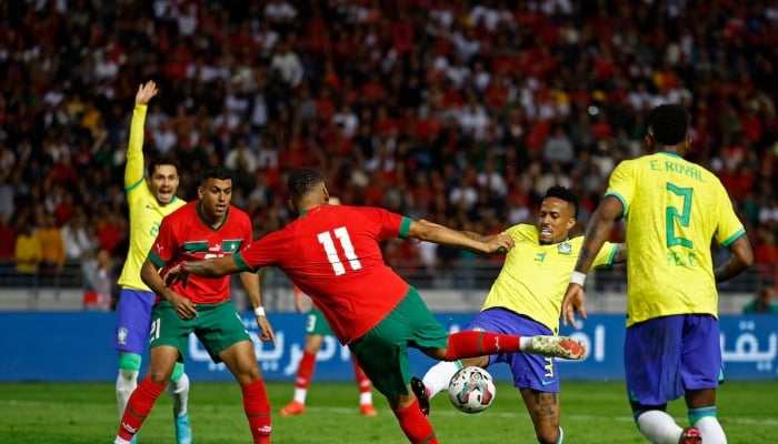 Moroccos Abdelhamid Sabiri scores their second goal during an international friendly at Grand Stade de Tanger, Tangier, Morocco, March 25, 2023. — Reuters