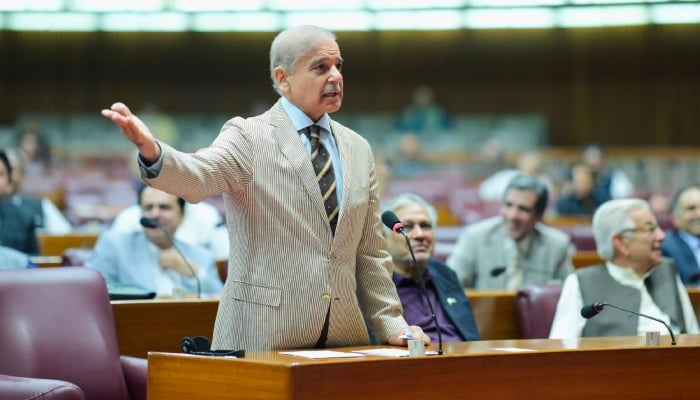 Prime Minister Shehbaz Sharif addresses the National Assembly in Islamabad on June 13, 2026. — X@PakPMO