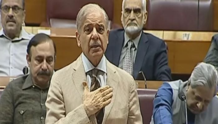 Prime Minister Shehbaz Sharif addresses the National Assembly in Islamabad on June 13, 2026. — Screengrab via Geo News